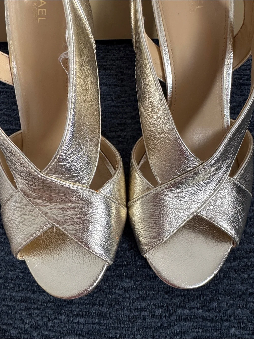 Michael Kors Metallic Gold Crisscross Peep-Toe Slingback Heels